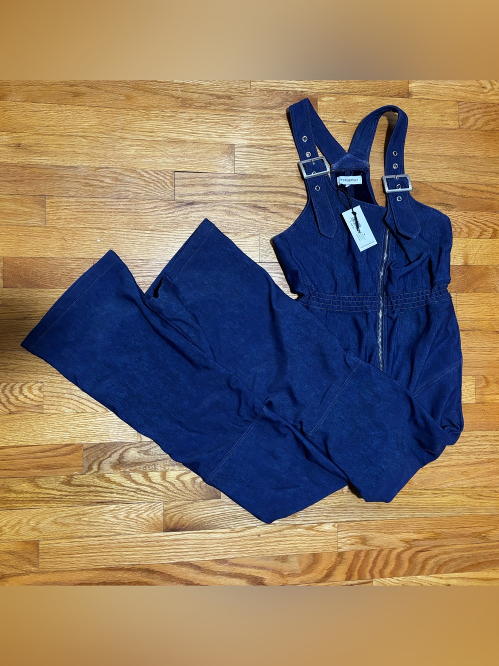 WeWoreWhat Navy “Denim” Ski Jumpsuit with Silver Buckle